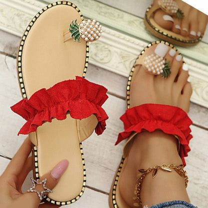 Coffee Jasper pineapple pearl beach slides for women, flat toe casual sandals with tropical pineapple and pearl embellishments.
