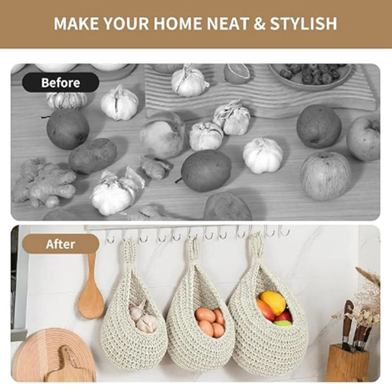 Three woven wall hanging fruit baskets by Maroon Asteria, used as kitchen home decor for storing produce.