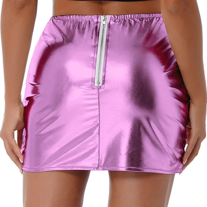Women’s metallic shiny winter A-line mini skirt by Red Iphigenia, featuring a warm, reflective fabric and stylish design.