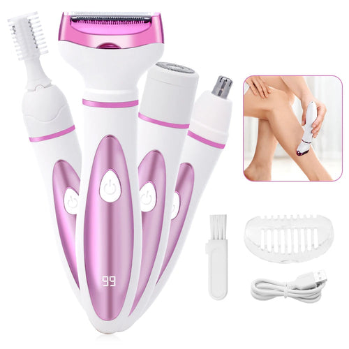 Maroon Asteria 4-in-1 electric lady shaver and epilator for painless body hair removal, showing the device and attachments.