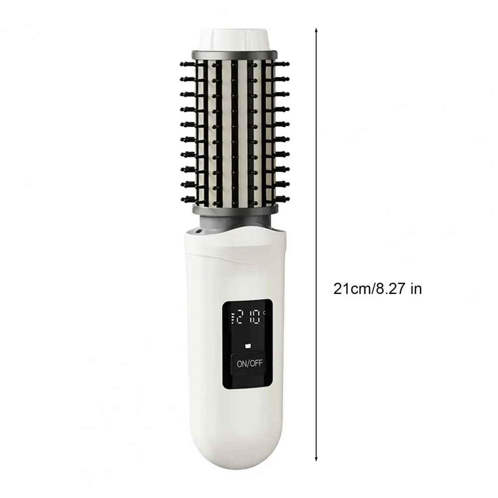 Maroon Asteria cordless USB rechargeable travel heated round curling iron brush for hair styling and curling.