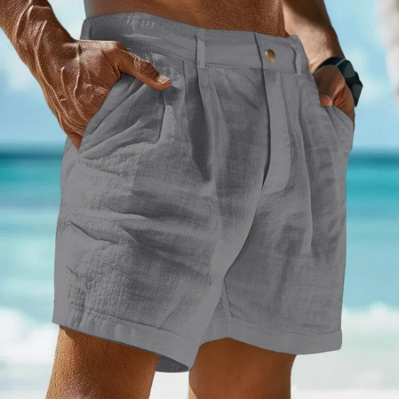 Raspberry Eurybia linen-cotton beach shorts, lightweight and comfortable, shown in a relaxed fit suitable for beach holiday wear.
