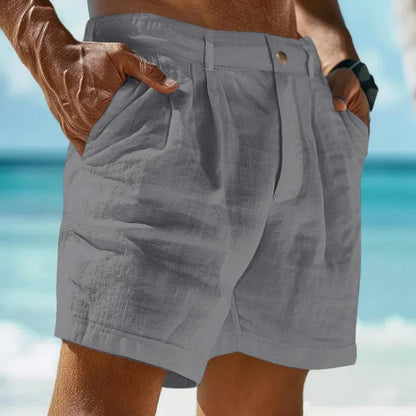 Raspberry Eurybia linen-cotton beach shorts, lightweight and comfortable, shown in a relaxed fit suitable for beach holiday wear.