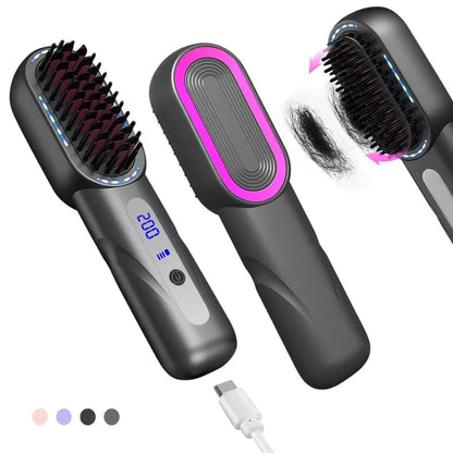 Maroon Asteria wireless hair straightener with shrink design and Type-C charging, shown as a sleek straight hair comb in the image.
