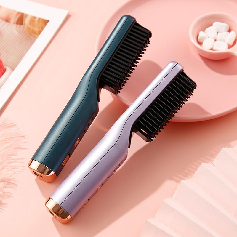 Maroon Asteria portable wireless hair straightener and curling iron with ion comb, USB rechargeable for versatile hair styling.