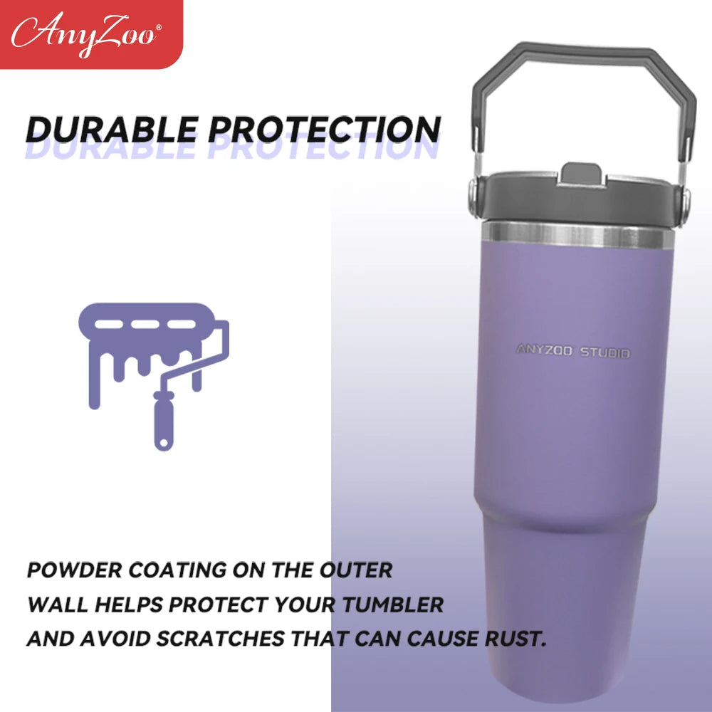 Stainless steel 900ml tumbler from Raspberry Eurybia with a sleek, insulated design for hot and cold beverages.