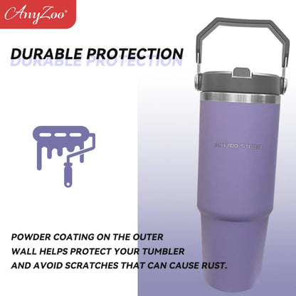 Stainless steel 900ml tumbler from Raspberry Eurybia with a sleek, insulated design for hot and cold beverages.