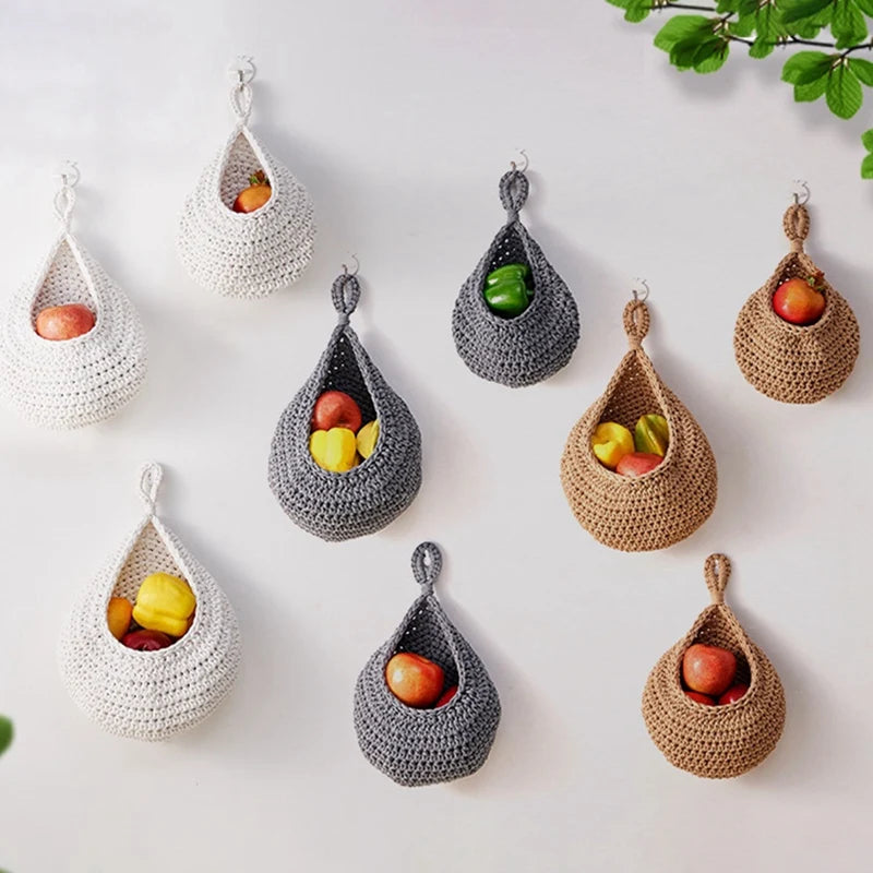 Three woven wall hanging fruit baskets for kitchen by Maroon Asteria, decorative home decor for storing produce.