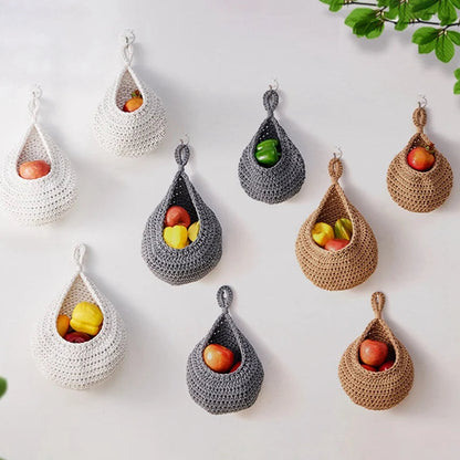 Three woven wall hanging fruit baskets for kitchen by Maroon Asteria, decorative home decor for storing produce.