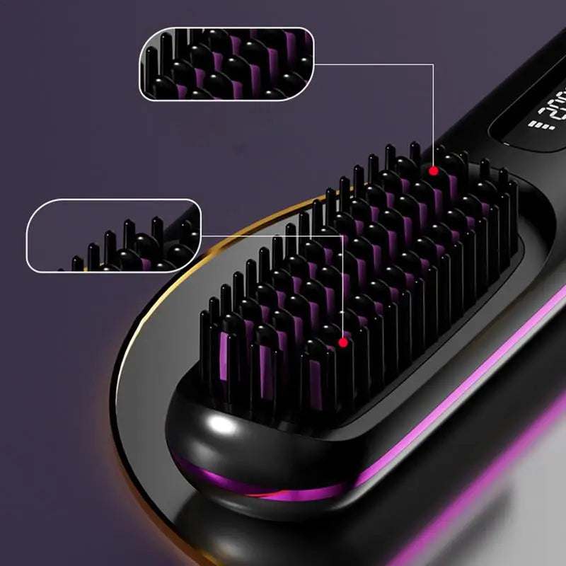 Maroon Asteria cordless hair straightener brush with LCD display, electric hot styling tool for smooth, straight hair.