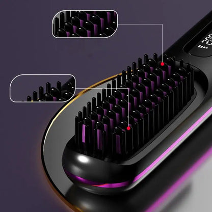 Maroon Asteria cordless hair straightener brush with LCD display, electric hot styling tool for smooth, straight hair.