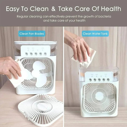 Yellow Pandora portable desktop air cooler fan on a home desk, compact and sleek for personal cooling.