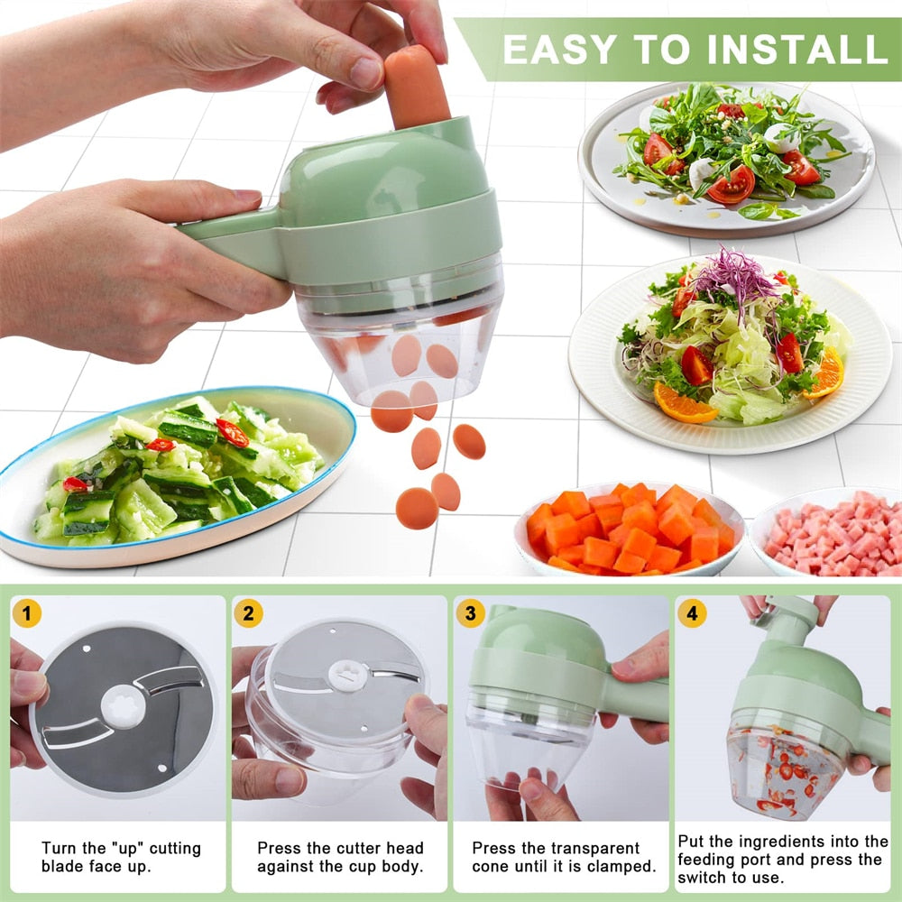 Yellow Pandora portable handheld 4-in-1 electric vegetable slicer for kitchen use with multiple slicing options.