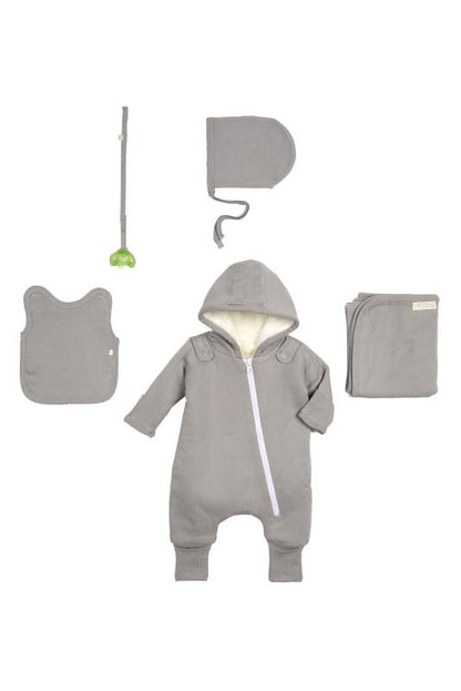 Gray baby jumpsuit and bib set by Fuchsia Milo, featuring a cozy, soft fabric and cute design perfect for little ones.