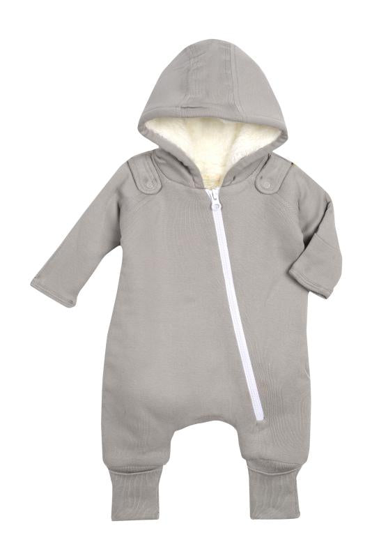 Gray baby jumpsuit and bib set by Fuchsia Milo, featuring a soft, cozy design for comfortable infant wear.