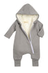 Gray baby jumpsuit and bib set by Fuchsia Milo, featuring a cozy, smart cuddly design for infants.