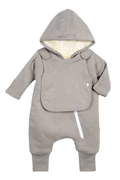 Gray baby jumpsuit and bib set by Fuchsia Milo featuring a cozy, soft fabric perfect for comfortable baby clothing.