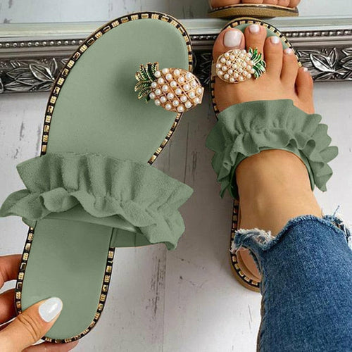 Coffee Jasper Pineapple Pearl Beach Slides for women, flat toe casual sandals with pineapple and pearl embellishments.