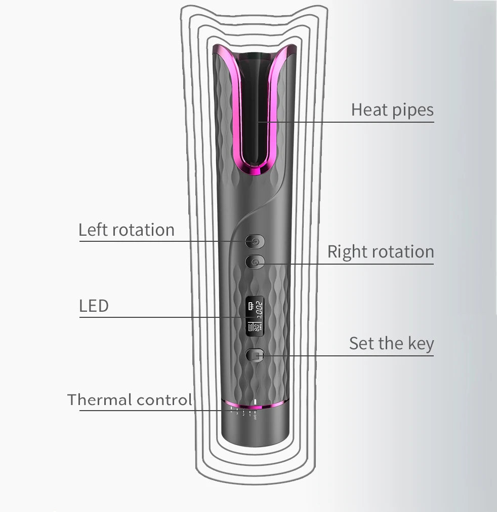 Maroon Asteria wireless electric automatic hair curler with USB charging, portable and gentle for curling hair.
