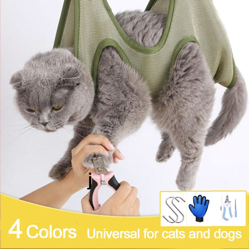 Yellow Pandora cat grooming restraint bag with hammock, adjustable leash and secure design for safe pet grooming.