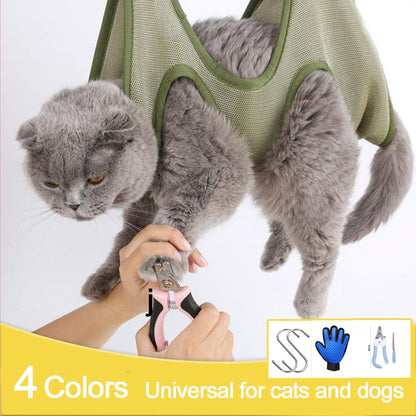 Yellow Pandora cat grooming restraint bag with hammock, adjustable leash and secure design for safe pet grooming.