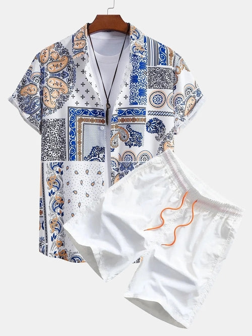 Relax mood men beach shorts set by Raspberry Eurybia, featuring lightweight shorts with a tropical print and comfortable fit.