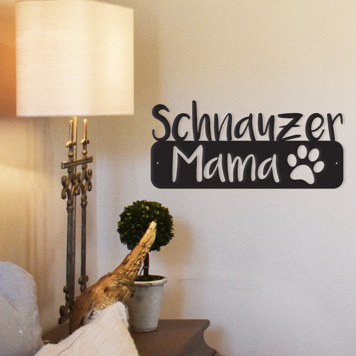 Canis Minor Dog Mama metal wall art featuring a square image of a Schnauzer dog for home and garden decor.