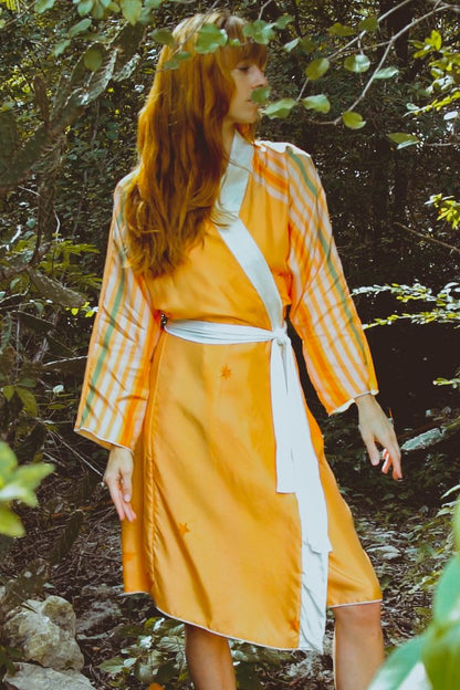 Violet Apollo Rigel Robe in Yucatan Rainbow, women’s colorful flowing clothing with vibrant rainbow patterns and relaxed fit.