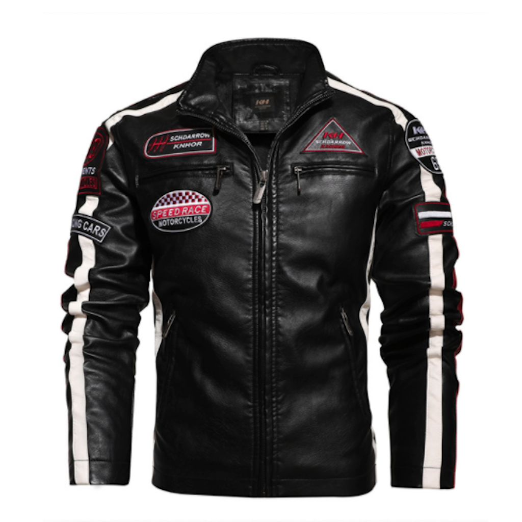 Mens Yellow Pandora vegan leather biker jacket with decorative badges, featuring a classic fit and stylish detailing.