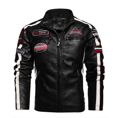 Mens Yellow Pandora vegan leather biker jacket with decorative badges, featuring a classic fit and stylish detailing.