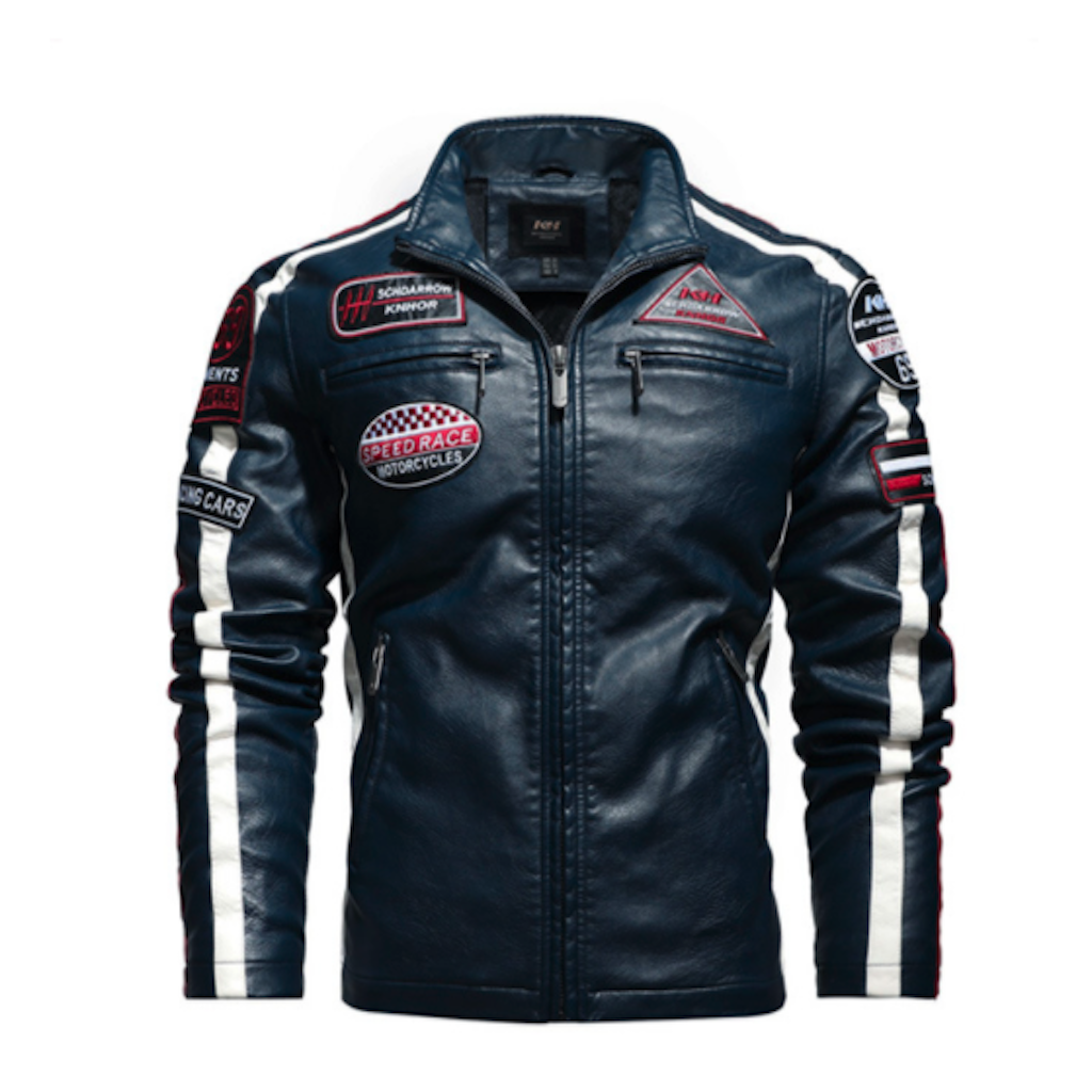 Mens Yellow Pandora vegan leather biker jacket with colorful badges, featuring a classic collar and zipper front.