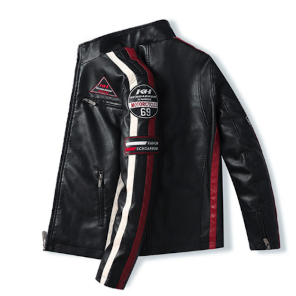 Mens vegan leather biker jacket by Yellow Pandora with colorful badges, featuring a classic design and stylish detailing.