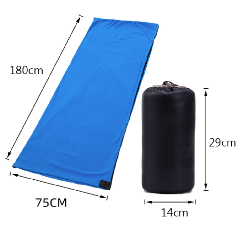 Yellow Pandora lightweight polar fleece camping sleeping bag, shown rolled up with zipper and plush fleece material visible.