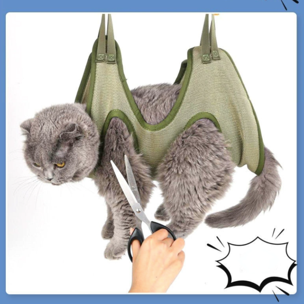 Yellow Pandora cat grooming restraint bag with hammock, designed to securely hold cats during grooming or vet visits.