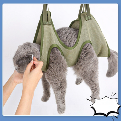 Yellow Pandora cat grooming restraint bag with hammock, designed to safely hold cats during grooming or vet visits.