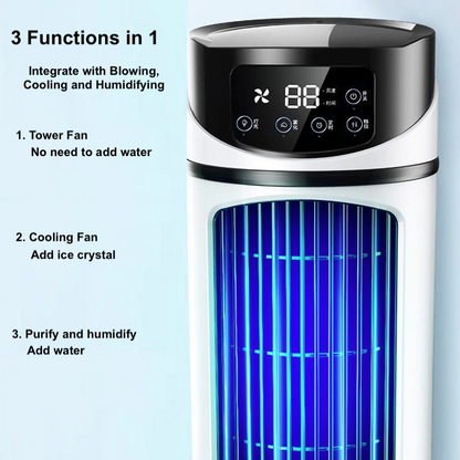 Yellow Pandora mini portable water air cooling fan for home and garden, showing compact design and water reservoir in use