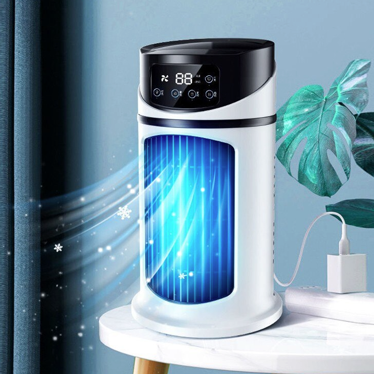 Yellow Pandora mini portable water and air cooling fan for home and garden, compact and lightweight with misting and fan functions.
