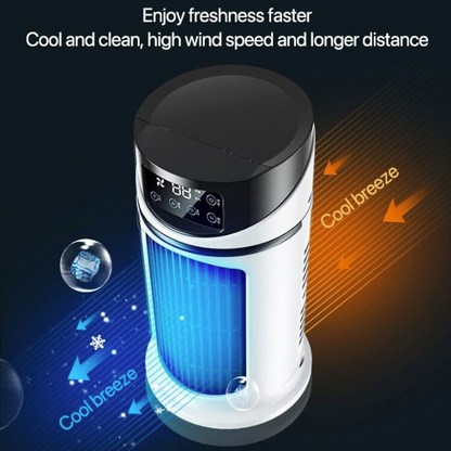 Yellow Pandora mini portable water and air cooling fan for home and garden, compact device with spray and fan functions.