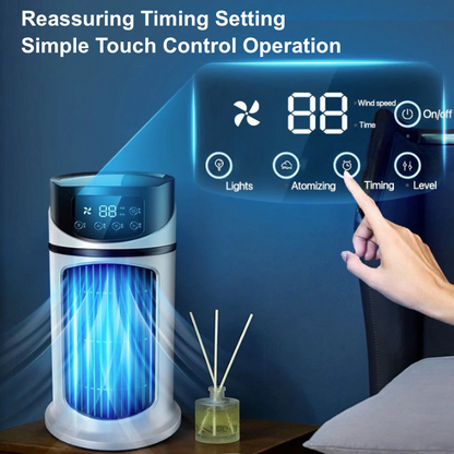 Yellow Pandora mini portable water and air cooling fan for home and garden, compact device with water mist and adjustable fan settings.