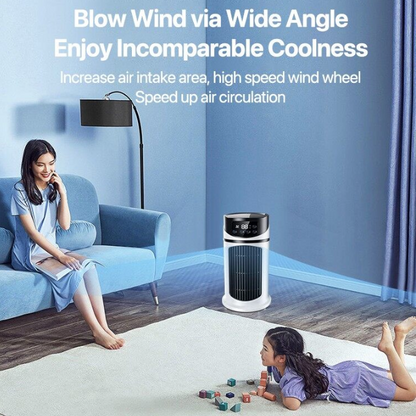 Yellow Pandora mini portable water and air cooling fan for home and garden, showing compact design and adjustable fan blades.
