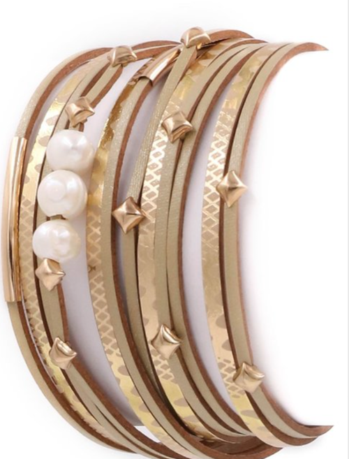 Ochre Ismene faux leather pearl layered bracelet featuring multiple strands with pearl accents and layered design.