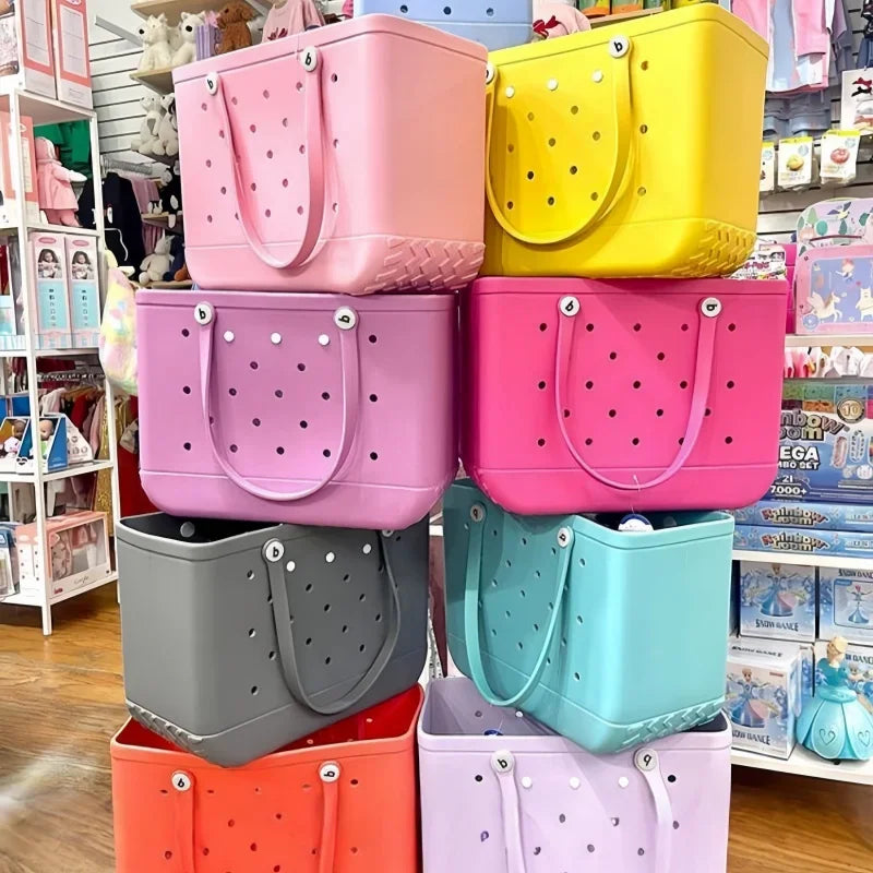 Raspberry Eurybia waterproof EVA rubber tote bag for beach, featuring a stylish design and durable, water-resistant material.