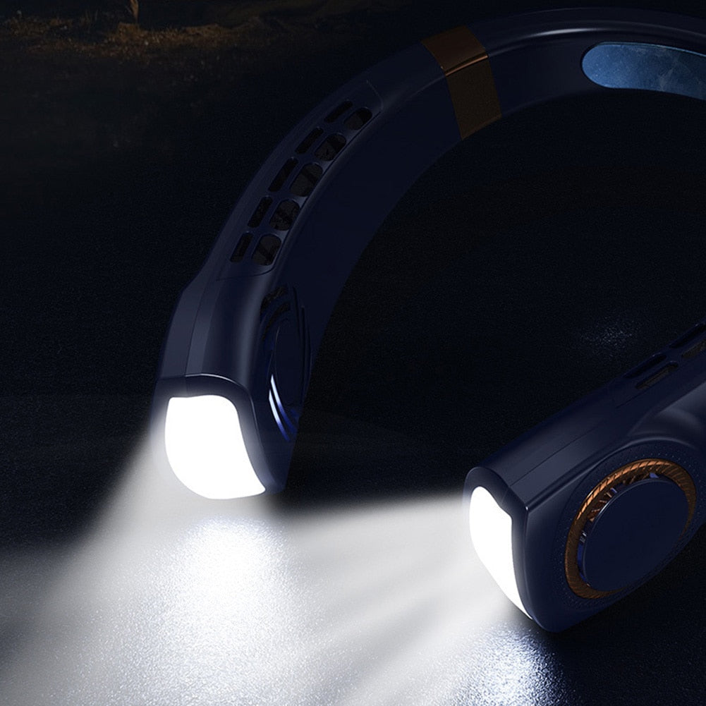 Yellow Pandora wearable fan with LED lights, compact tech accessory featuring adjustable straps and integrated cooling fan.