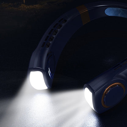 Yellow Pandora wearable fan with LED lights, compact tech accessory featuring adjustable straps and integrated cooling fan.
