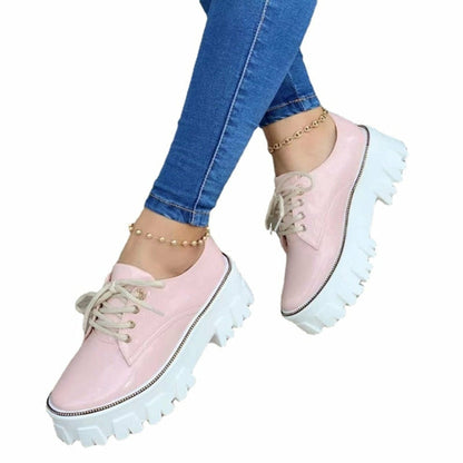 Pink and red thick-heeled flat platform Oxford shoes for women by Coffee Jasper, featuring a stylish and comfortable design.
