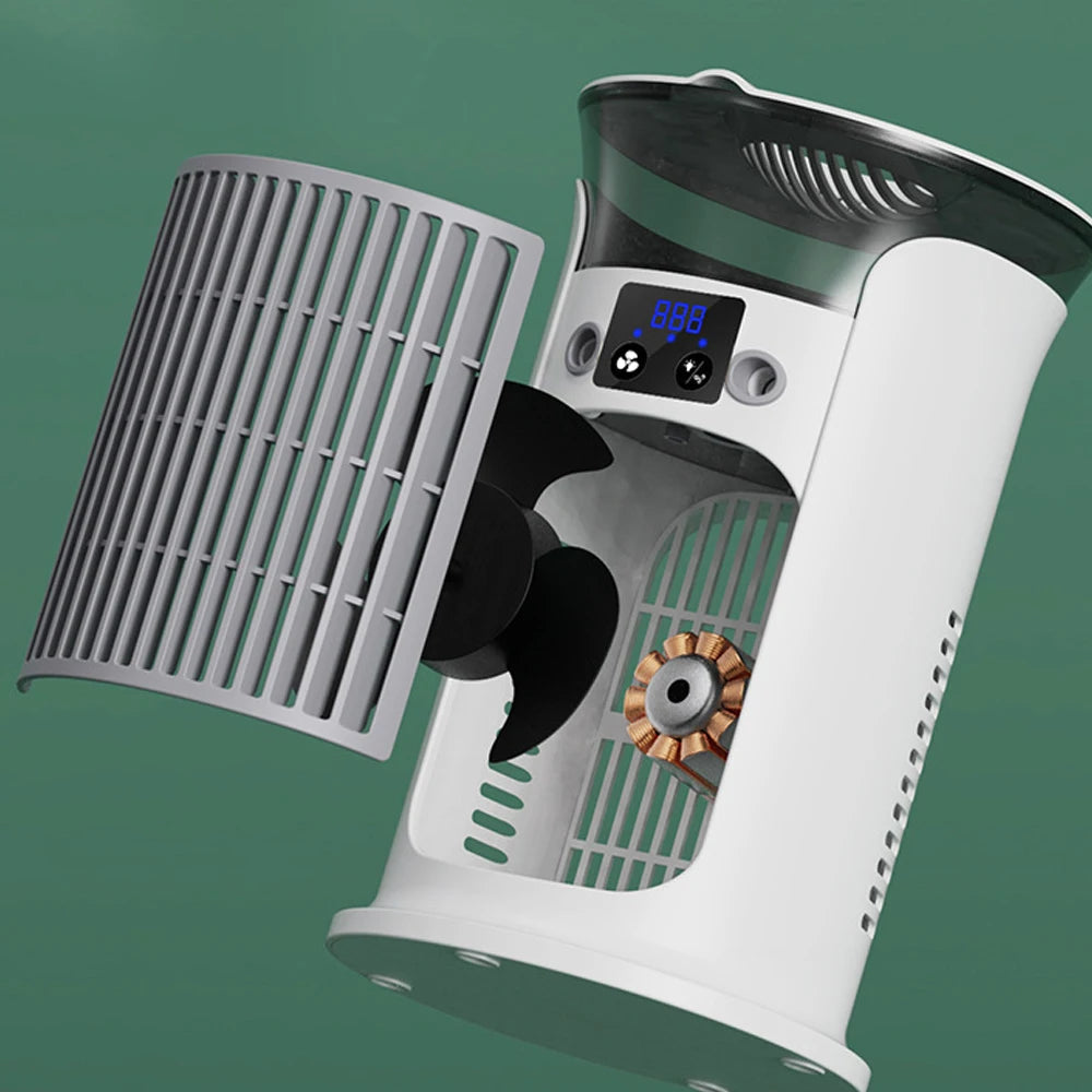 Maroon Asteria portable rechargeable quiet cool air fan with humidifier on a desktop for home improvement.