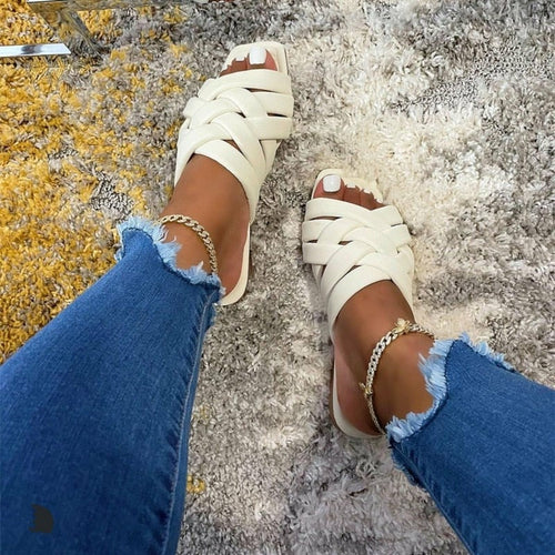 Red Iphigenia summer casual outdoor leather slippers in blue, pink, and beige, featuring flat soles and open-toe design.