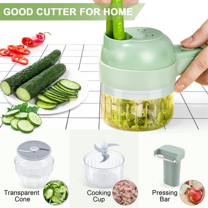 Yellow Pandora 4-in-1 electric handheld vegetable slicer for kitchen use, showing multiple slicing attachments in action.