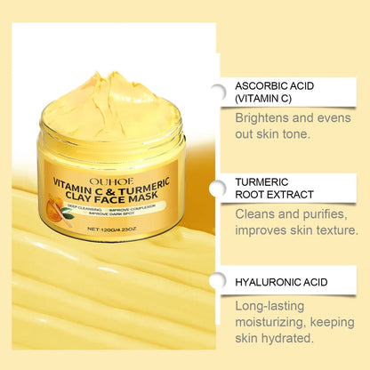 Pear Poppy Vitamin C and turmeric exfoliating facial mask with vibrant orange and yellow ingredients in a clear jar.