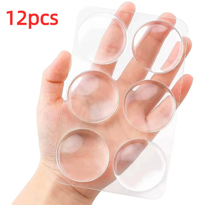 Transparent soft silicone door stopper bumper with self-adhesive backing, designed to protect walls and doors from impact.